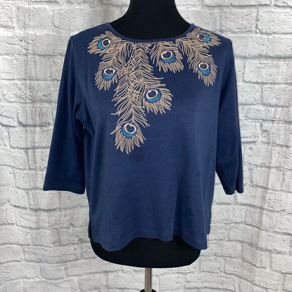Peacock embroidered 3/4 sleeve blouse navy blue sz medium women - Picture 1 of 10